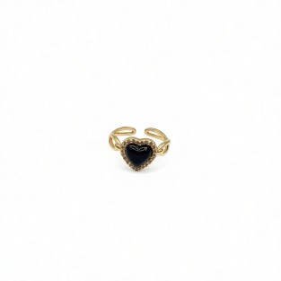 Vintage Black Agate Heart Open Statement Ring For Women,Gold-Toned Adjustable Expandable Ring