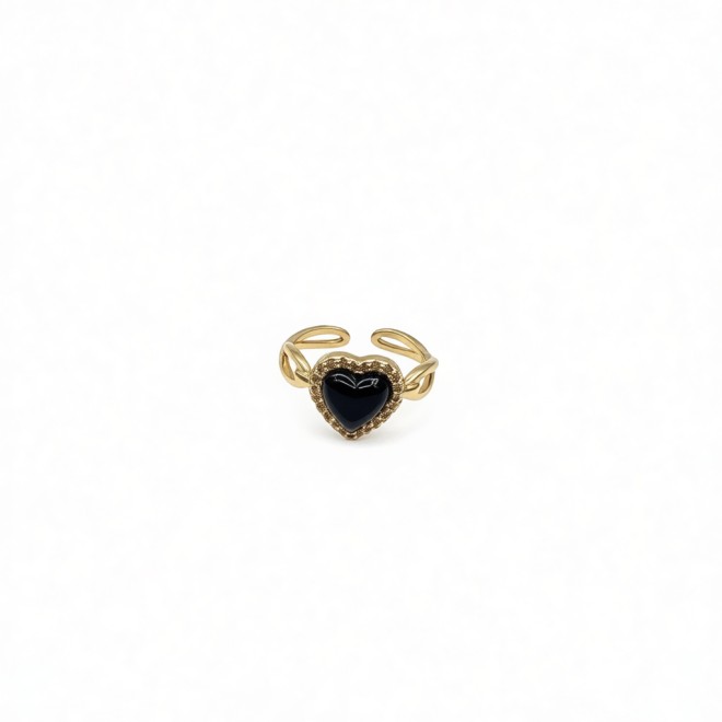 Vintage Black Agate Heart Open Statement Ring For Women,Gold-Toned Adjustable Expandable Ring
