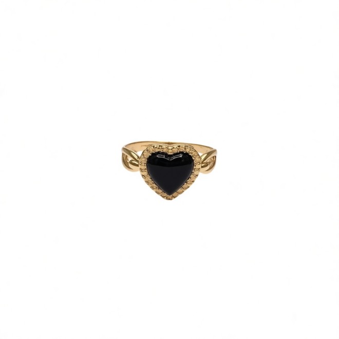 Vintage Black Agate Heart Open Statement Ring For Women,Gold-Toned Adjustable Expandable Ring