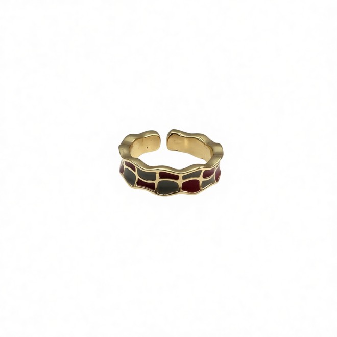 Vintage Blue And Red Check Open Statement Ring For Women,Gold-Toned Adjustable Expandable Ring