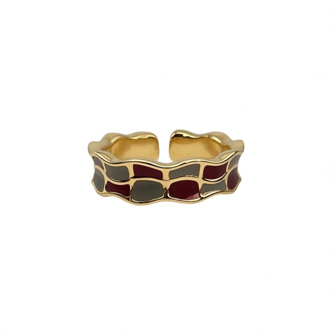 Vintage Blue And Red Check Open Statement Ring For Women,Gold-Toned Adjustable Expandable Ring