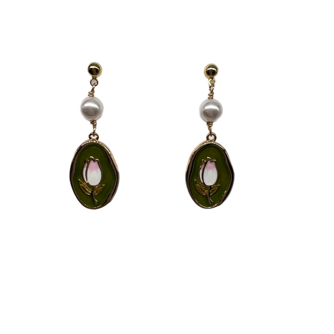 Vintage Tulip Dangle Drop Earrings For Women Gold Tone Dainty Pearl Statement Earrings