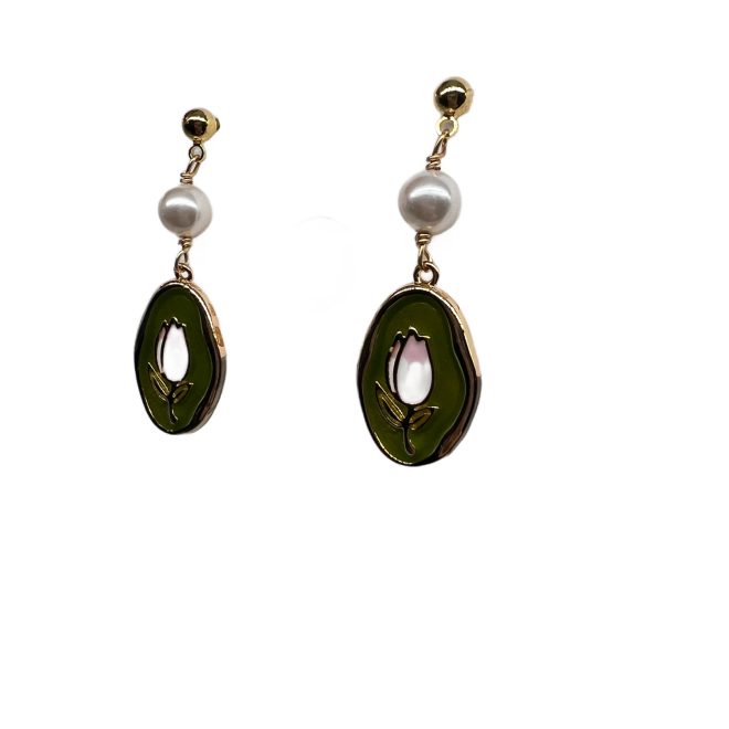 Vintage Tulip Dangle Drop Earrings For Women Gold Tone Dainty Pearl Statement Earrings