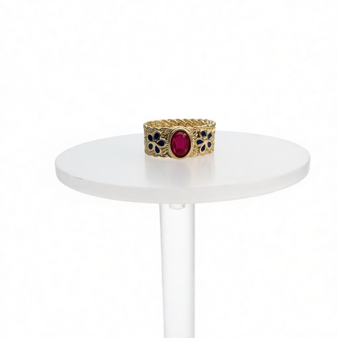 Vintage Enamel Open Statement Ring For Women, Gold-Toned Adjustable Expandable Ring