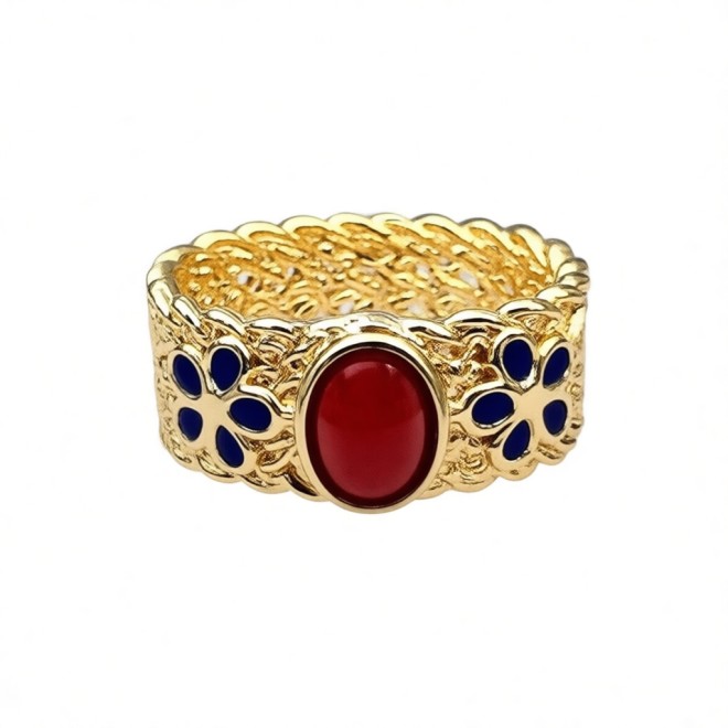 Vintage Enamel Open Statement Ring For Women, Gold-Toned Adjustable Expandable Ring