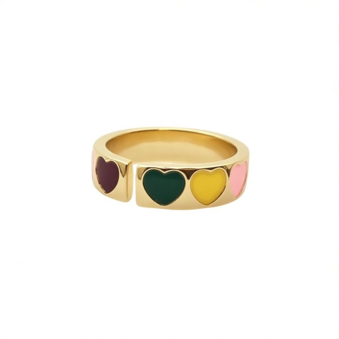 Vintage Colorful Heart Open Statement Ring For Women, Gold-Toned Adjustable Expandable Ring