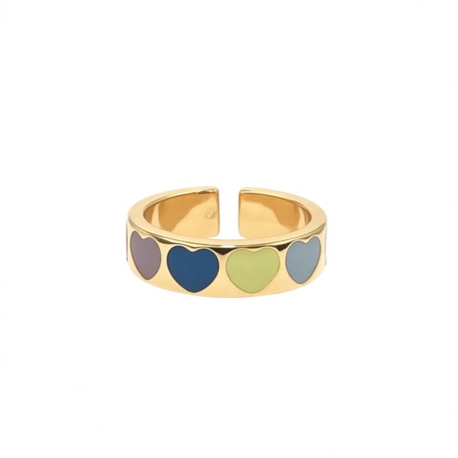 Vintage Colorful Heart Open Statement Ring For Women, Gold-Toned Adjustable Expandable Ring
