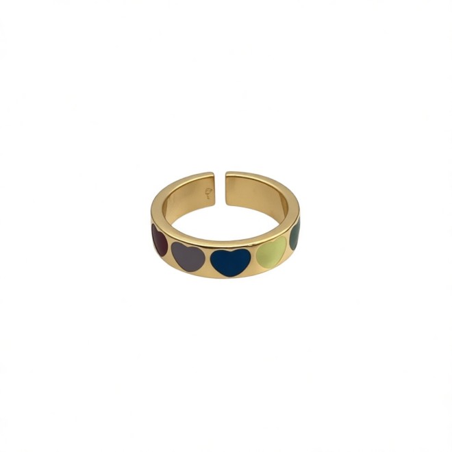 Vintage Colorful Heart Open Statement Ring For Women, Gold-Toned Adjustable Expandable Ring