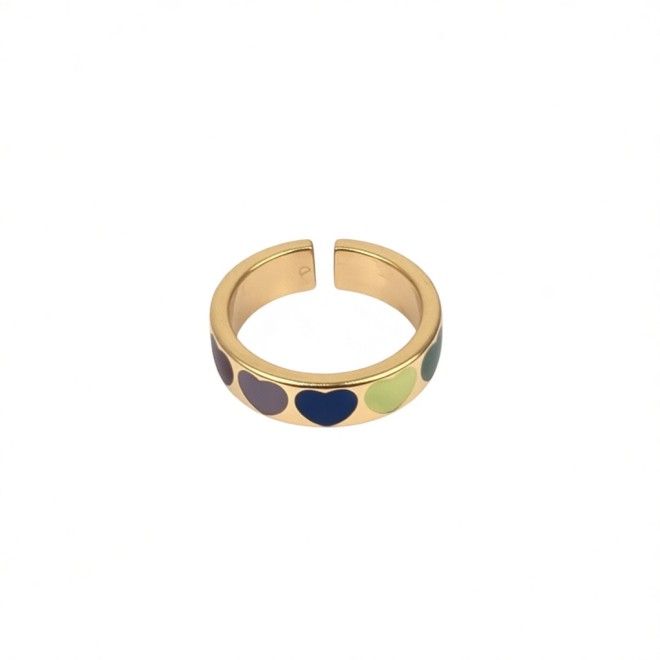 Vintage Colorful Heart Open Statement Ring For Women, Gold-Toned Adjustable Expandable Ring