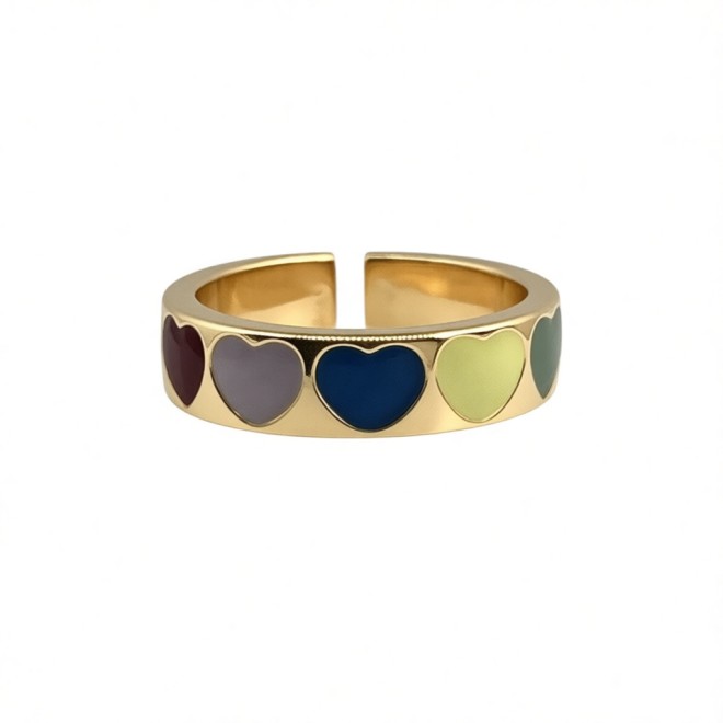 Vintage Colorful Heart Open Statement Ring For Women, Gold-Toned Adjustable Expandable Ring