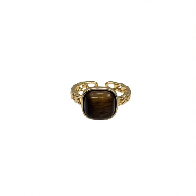 Vintage Oval Natural Stone Open Statement Ring For Women, Gold-Toned Adjustable Expandable Ring