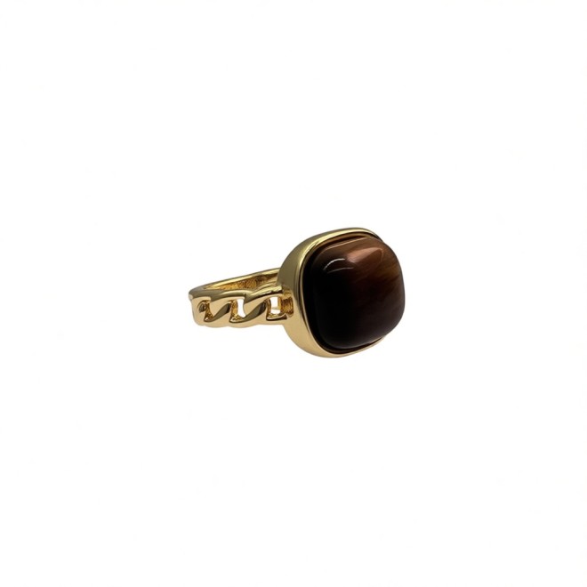 Vintage Oval Natural Stone Open Statement Ring For Women, Gold-Toned Adjustable Expandable Ring