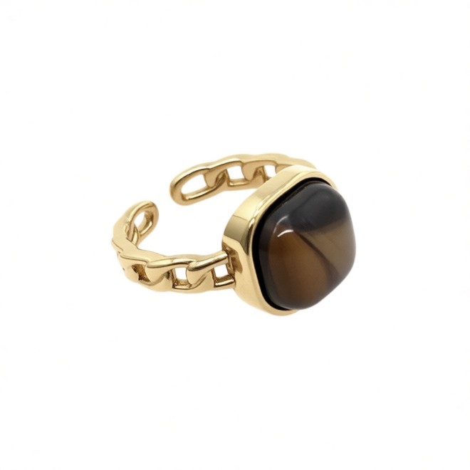 Vintage Oval Natural Stone Open Statement Ring For Women, Gold-Toned Adjustable Expandable Ring