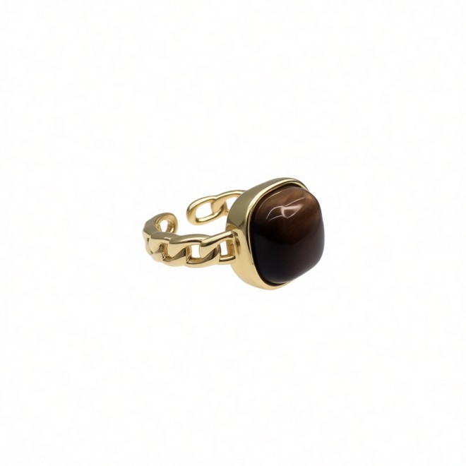 Vintage Oval Natural Stone Open Statement Ring For Women, Gold-Toned Adjustable Expandable Ring