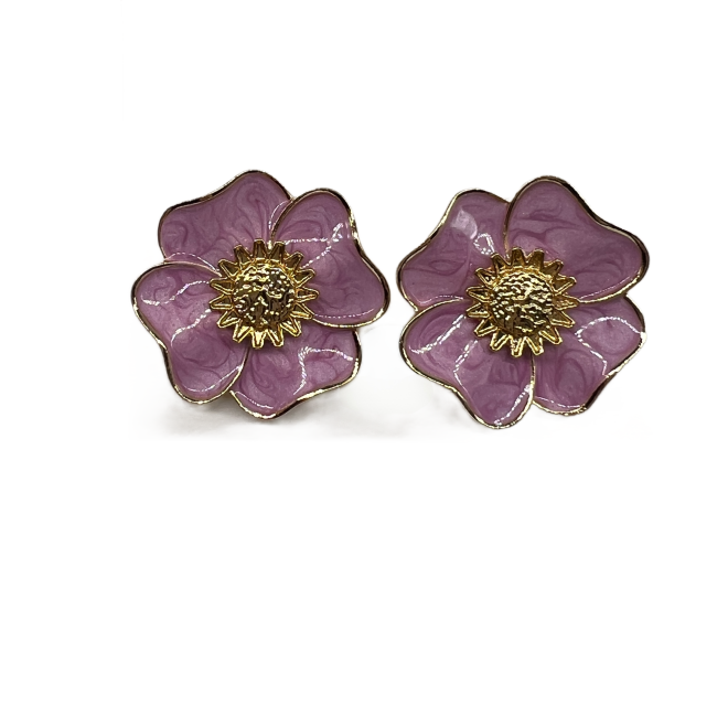 Vintage Pink Flower Stud Earrings For Women Gold Tone Dainty Statement Earrings