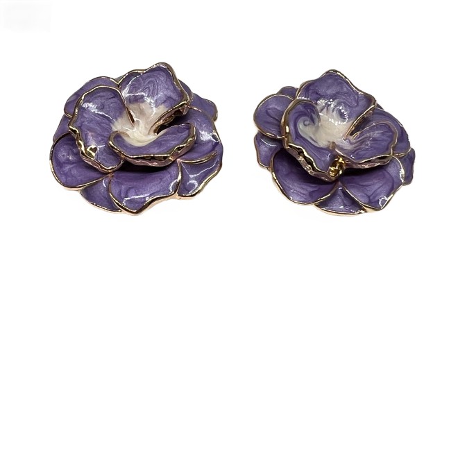 Vintage Purple Camellia Stud Earrings For Women Gold Tone Dainty Statement Earrings