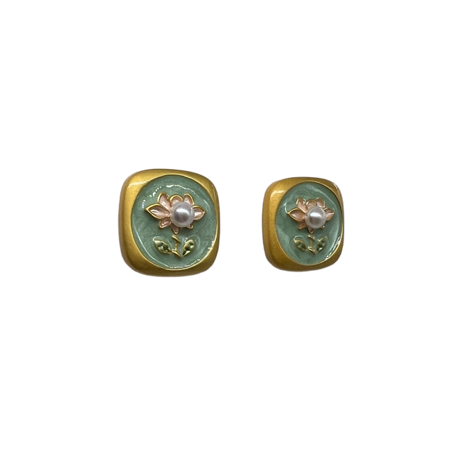 Vintage Green Square Stud Earrings For Women Gold Tone Dainty Statement Earrings