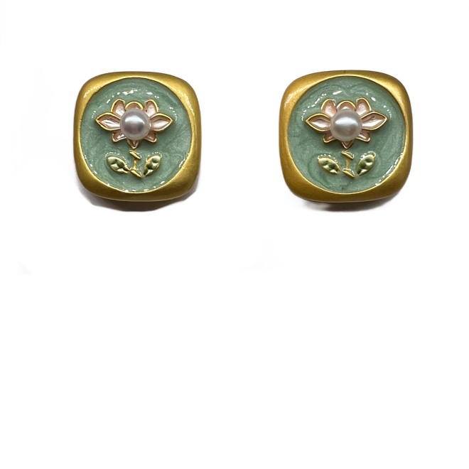 Vintage Green Square Stud Earrings For Women Gold Tone Dainty Statement Earrings