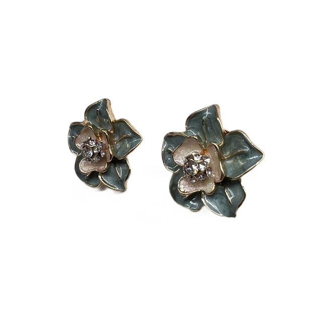 Vintage Blue Camellia Stud Earrings For Women Gold Tone Dainty Statement Earrings