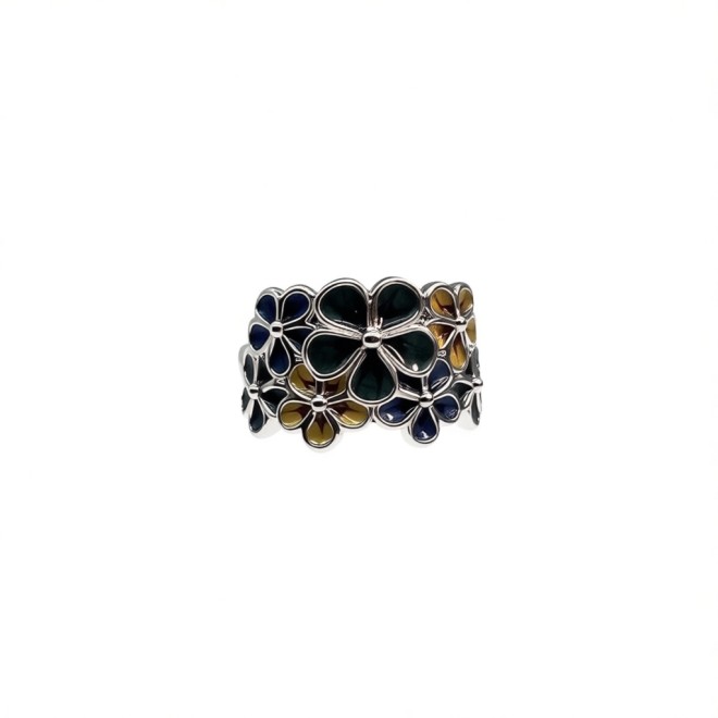 Vintage Enamel Flower Open Statement Ring For Women, Gold-Toned Adjustable Expandable Ring