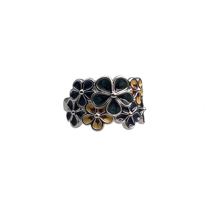 Vintage Enamel Flower Open Statement Ring For Women, Gold-Toned Adjustable Expandable Ring