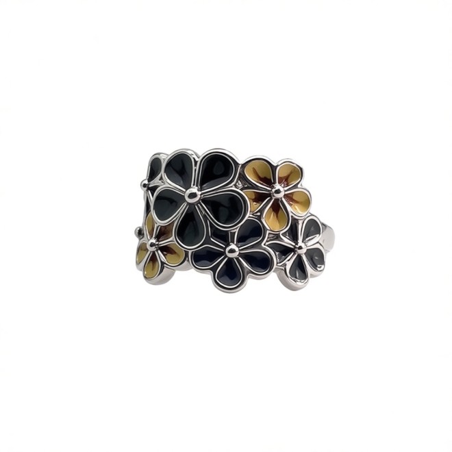 Vintage Enamel Flower Open Statement Ring For Women, Gold-Toned Adjustable Expandable Ring