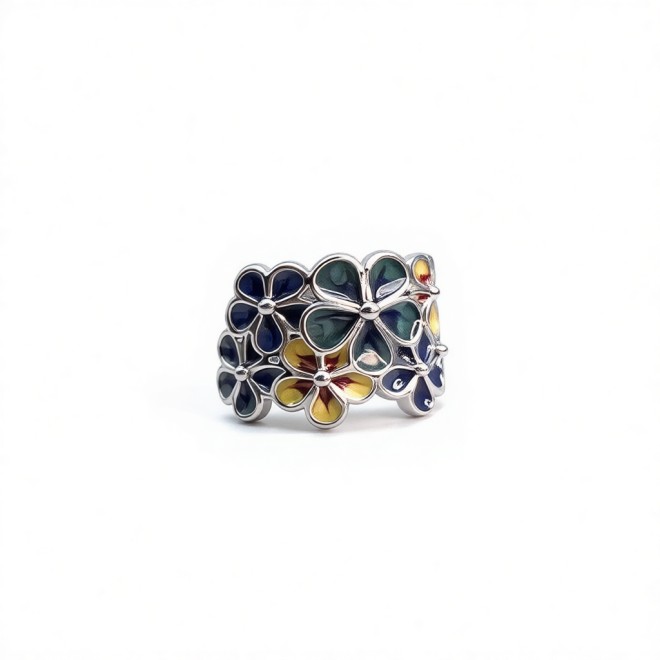 Vintage Enamel Flower Open Statement Ring For Women, Gold-Toned Adjustable Expandable Ring