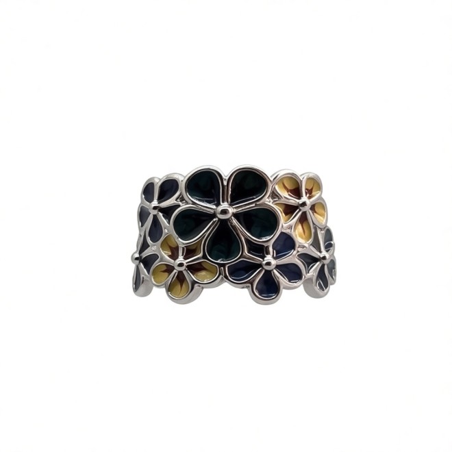 Vintage Enamel Flower Open Statement Ring For Women, Gold-Toned Adjustable Expandable Ring