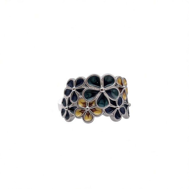 Vintage Enamel Flower Open Statement Ring For Women, Gold-Toned Adjustable Expandable Ring