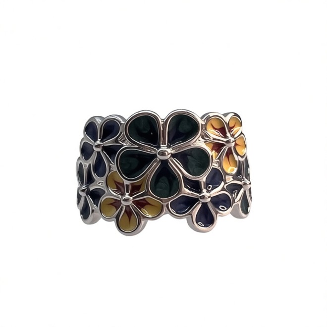 Vintage Enamel Flower Open Statement Ring For Women, Gold-Toned Adjustable Expandable Ring